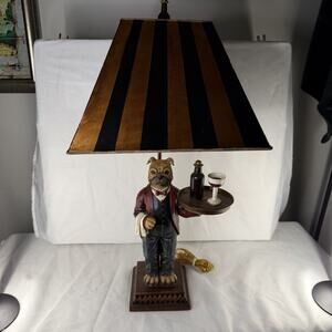 Wine Butler Dog Lamp Rare Vintage Bulldog Server Tall Parlor Style Striped Shade